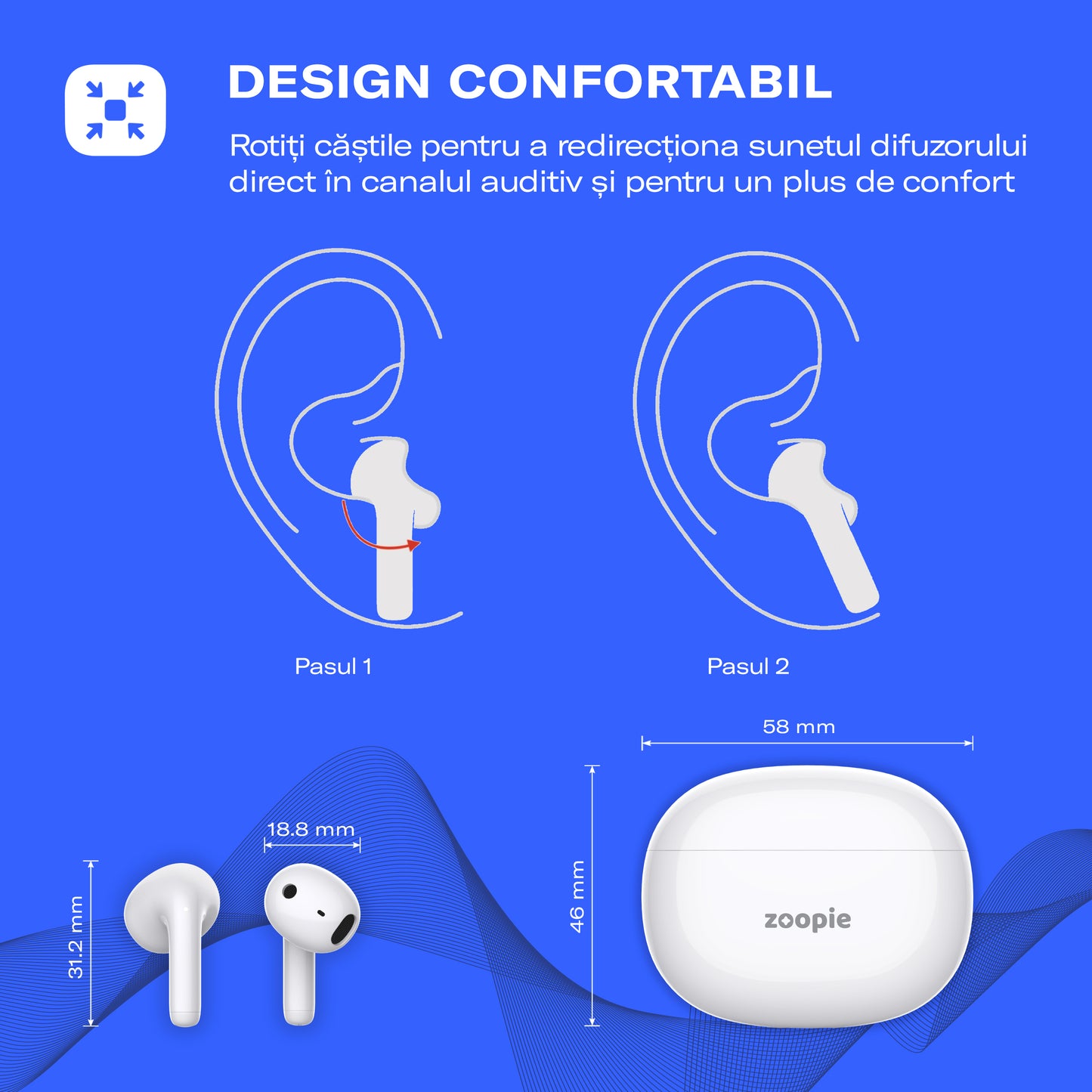 Casti wireless bluetooth, Zoopie®KLAR, audio, in ear, fara fir, sport, cu microfon, control touch, asistent vocal, universale, Bluetooth 5.3, Husa silicon, alb