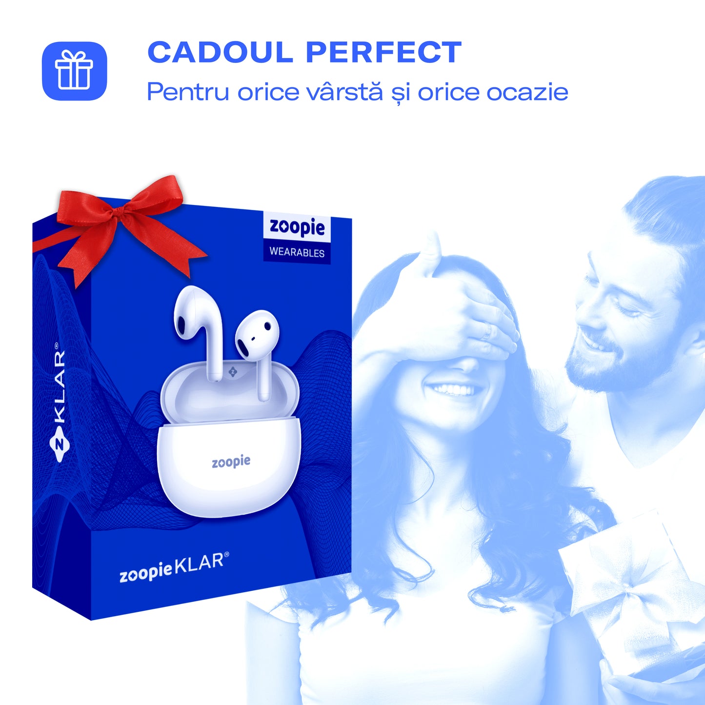 Casti wireless bluetooth, Zoopie®KLAR, audio, in ear, fara fir, sport, cu microfon, control touch, asistent vocal, universale, Bluetooth 5.3, Husa silicon, alb