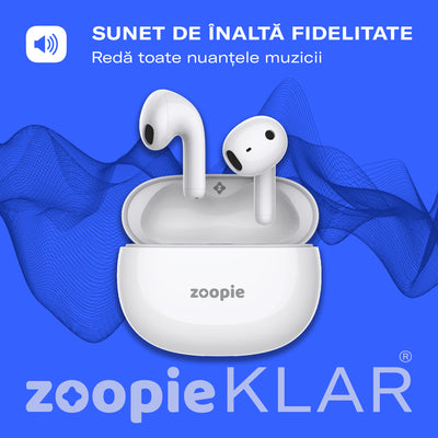 Casti wireless bluetooth, Zoopie®KLAR, audio, in ear, fara fir, sport, cu microfon, control touch, asistent vocal, universale, Bluetooth 5.3, Husa silicon, alb