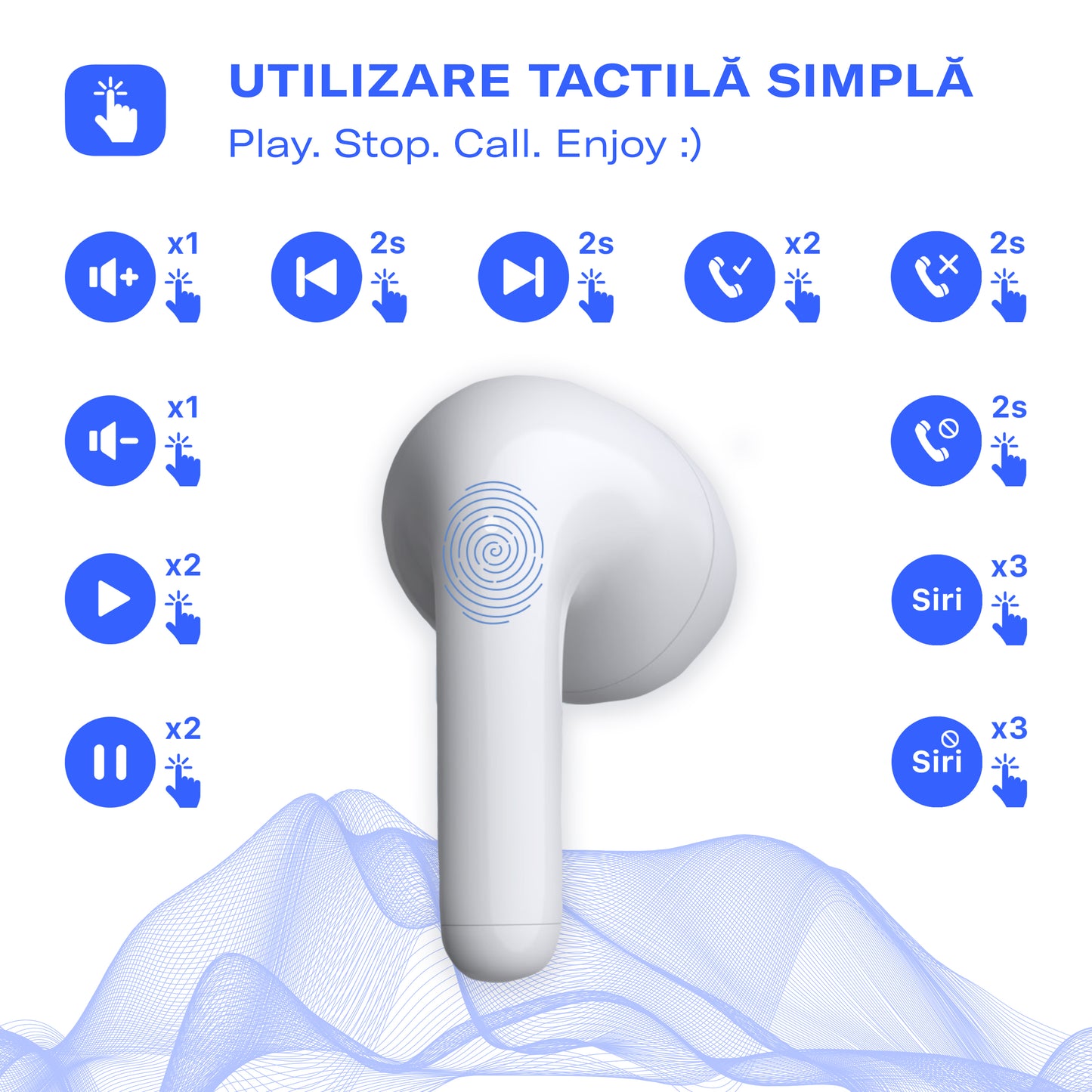 Casti wireless bluetooth, Zoopie®KLAR, audio, in ear, fara fir, sport, cu microfon, control touch, asistent vocal, universale, Bluetooth 5.3, Husa silicon, alb