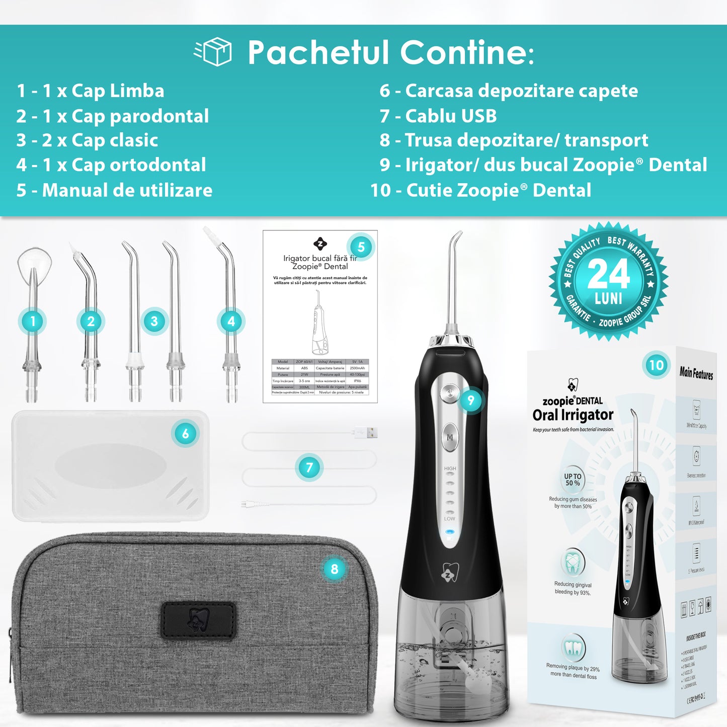 irigator bucal tip dus bucal Zoopie DENTAL negru