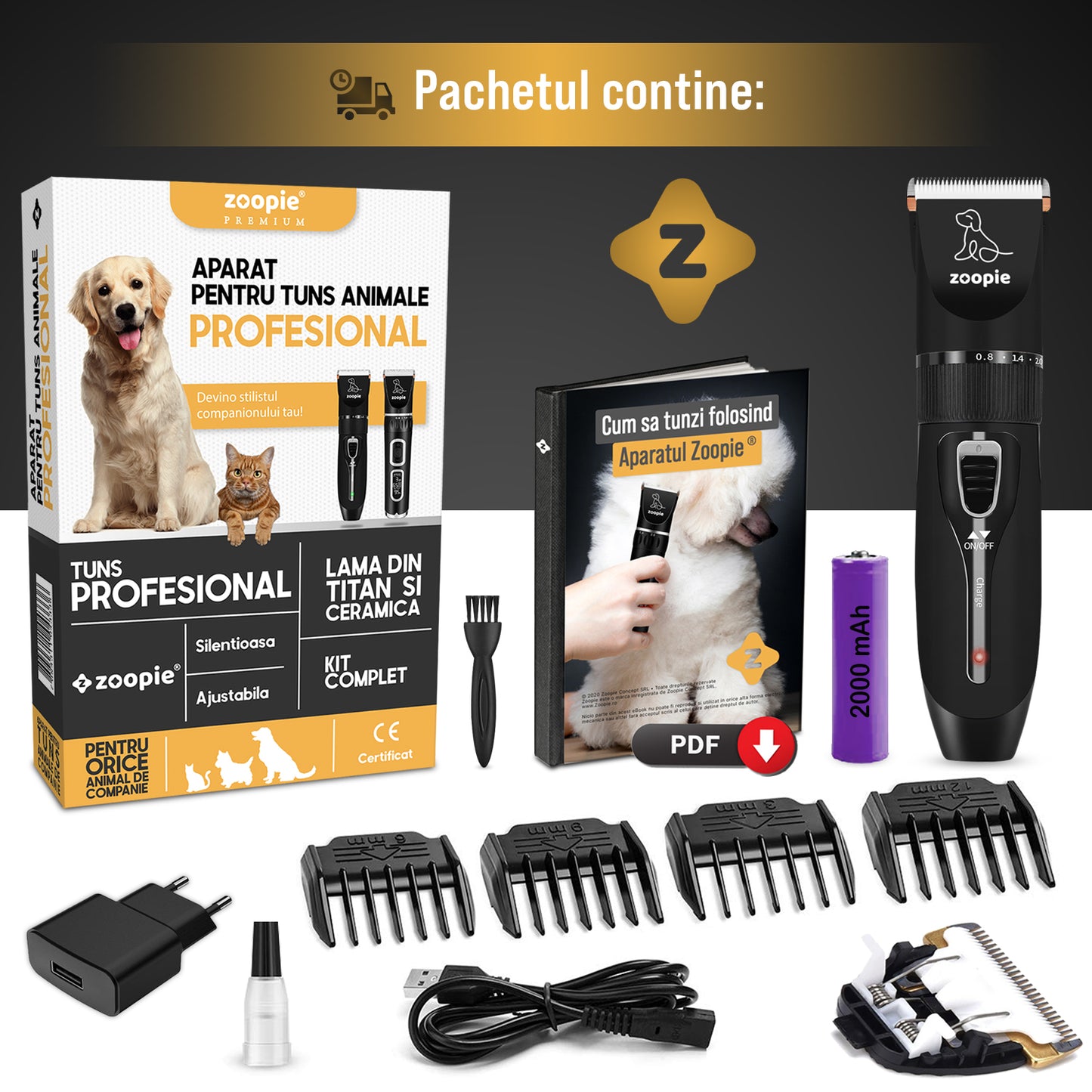 Masina de tuns animale, caini, pisici, Aparat de tuns, Zoopie®, Lama ceramica de rezerva, Acumulator reincarcabil, Adaptor priza, Silentioasa, Trimmer fara fir, Ghid, Neagra