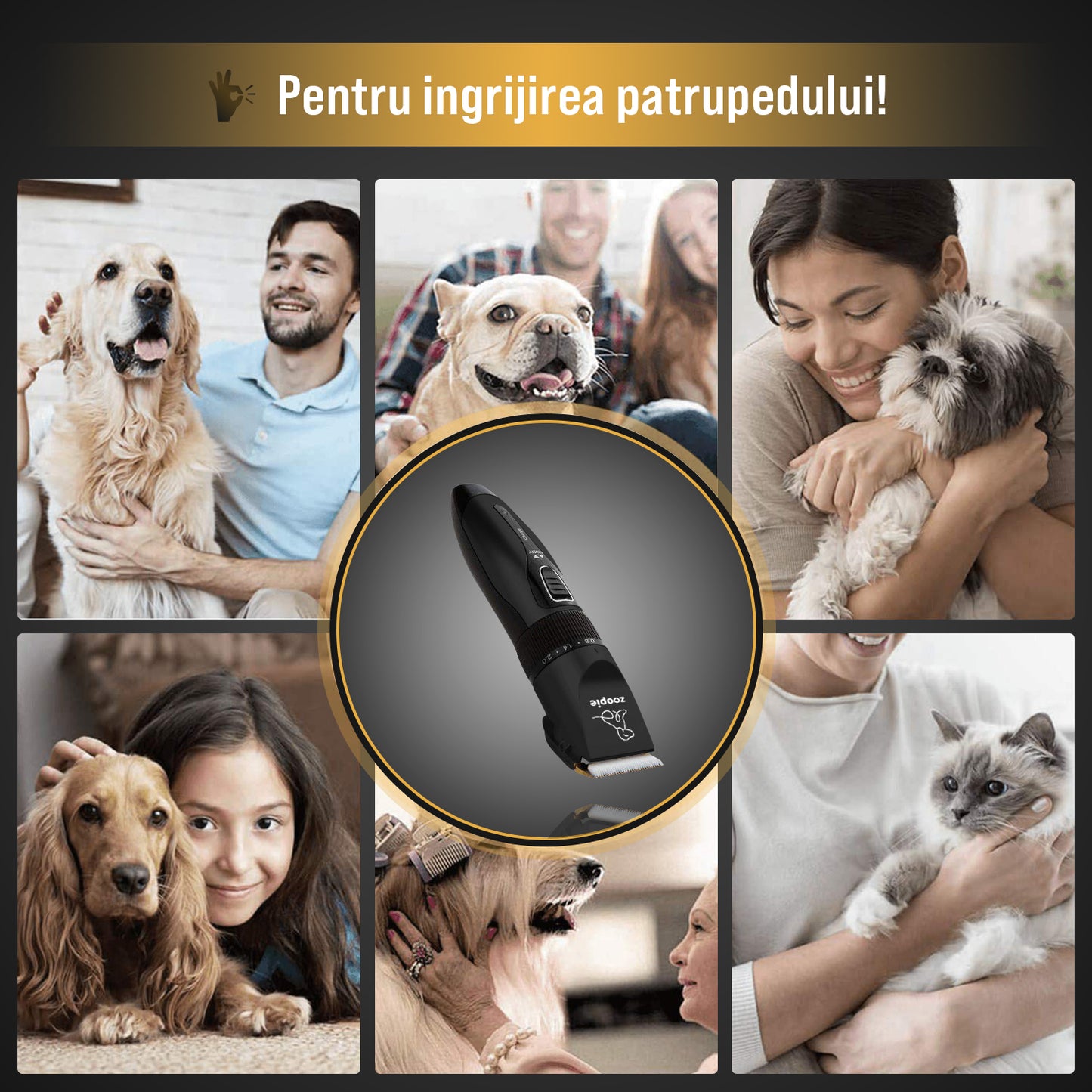 Masina de tuns animale, caini, pisici, Aparat de tuns, Zoopie®, Lama ceramica de rezerva, Acumulator reincarcabil, Adaptor priza, Silentioasa, Trimmer fara fir, Ghid, Neagra