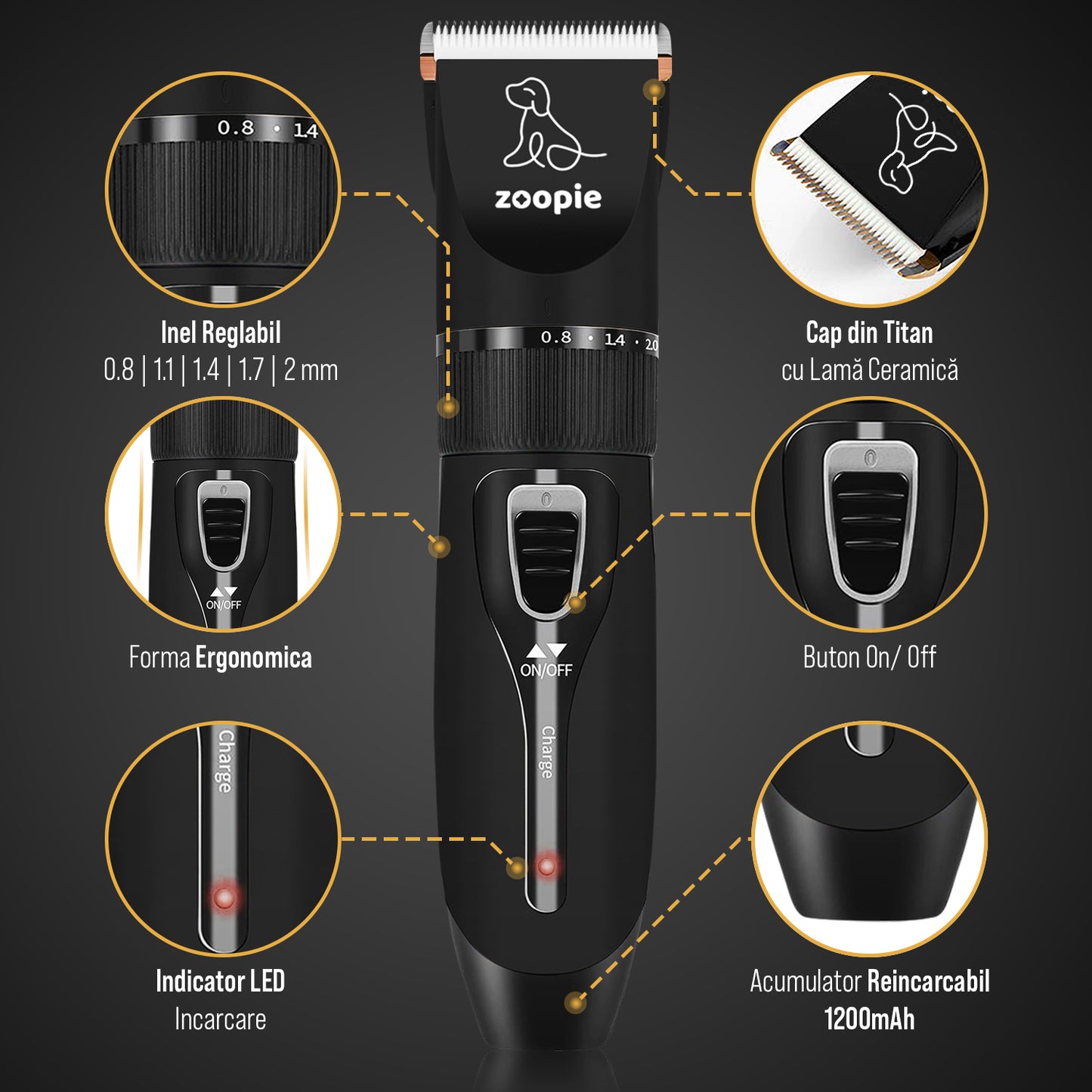 Masina de tuns animale, caini, pisici, Aparat de tuns, Zoopie®, Lama ceramica de rezerva, Acumulator reincarcabil, Adaptor priza, Silentioasa, Trimmer fara fir, Ghid, Neagra