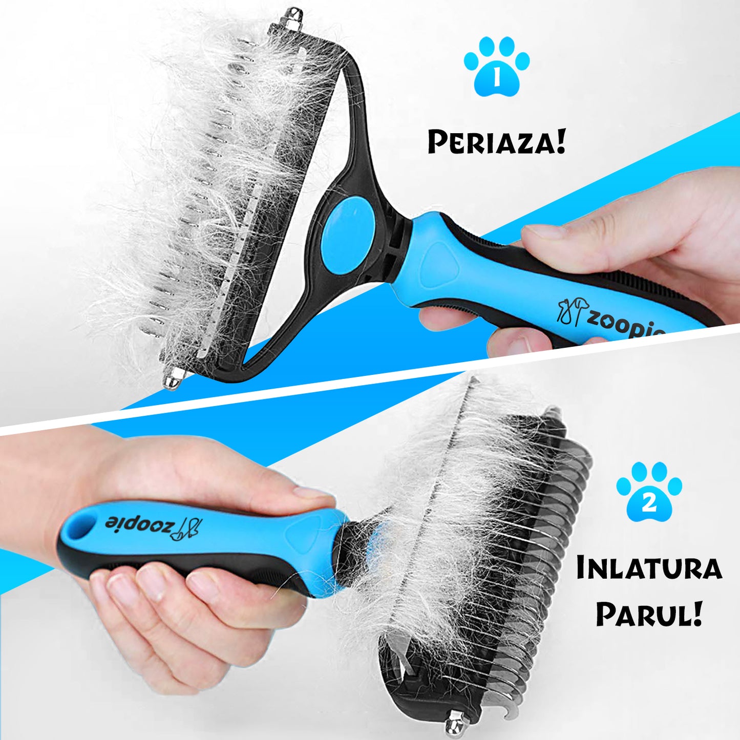 Perie par Caini, Pisici, Animale, Zoopie®, Tesala si Perie trimmer 2 in 1, Anti-naparlire, Descalcire blana, pentru tuns par scurt si lung, L