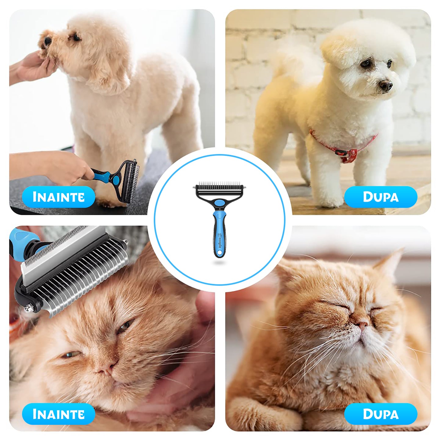 Perie par Caini, Pisici, Animale, Zoopie®, Tesala si Perie trimmer 2 in 1, Anti-naparlire, Descalcire blana, pentru tuns par scurt si lung, L