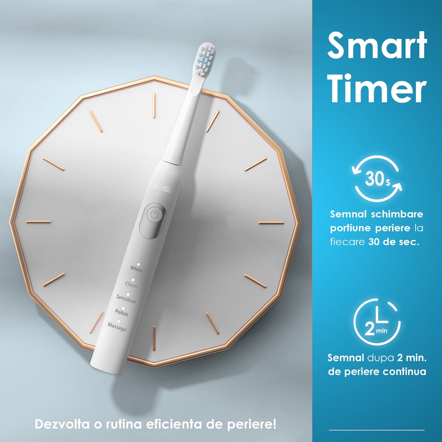 Periuta Dinti Electrica Sonica, Zoopie®Seago, 40,000 Pulsatii/min, 5 Programe, Functie de memorare, Smart Timer, 700mAh, USB-C, IPX7, 3 Capete, Alb