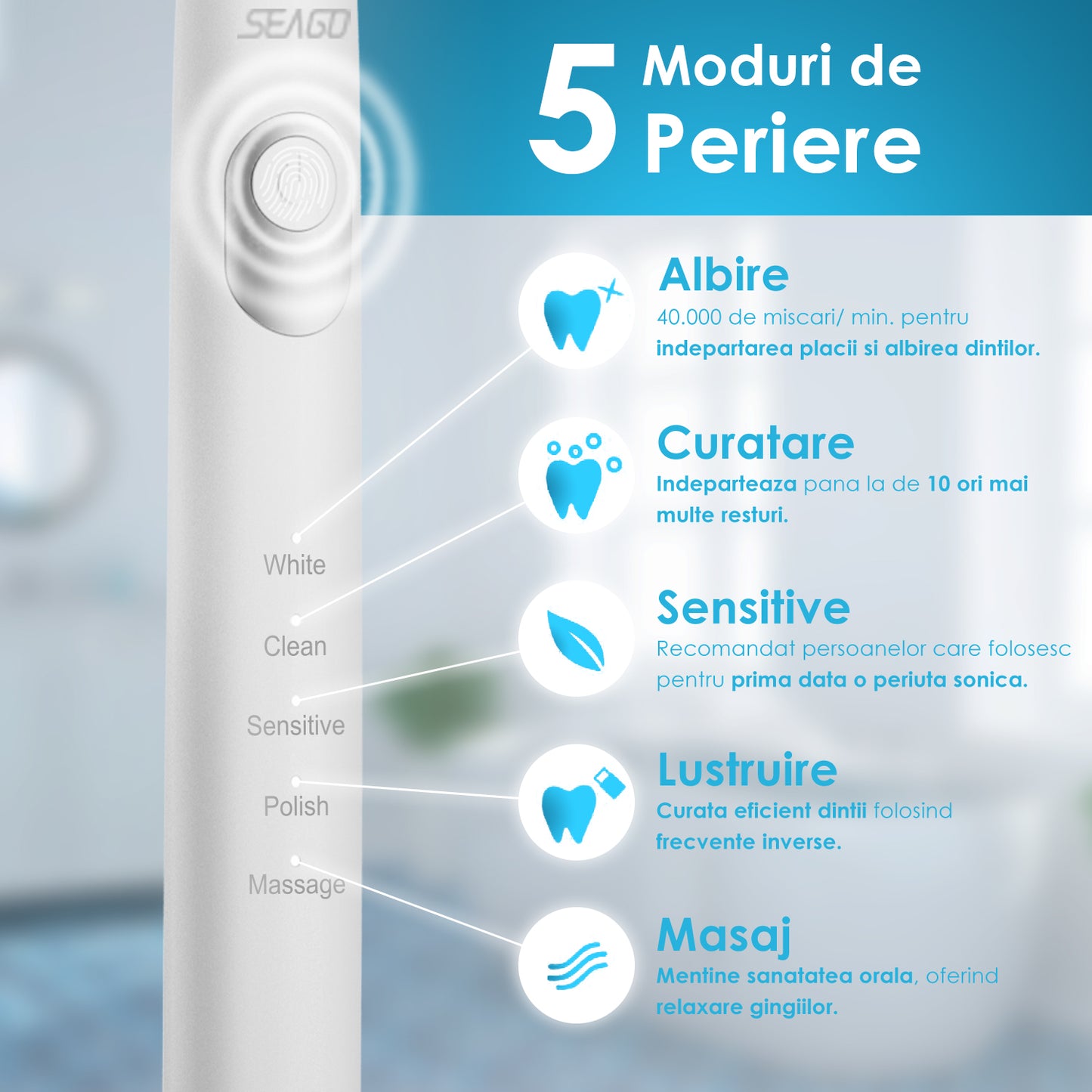 Periuta Dinti Electrica Sonica, Zoopie®Seago, 40,000 Pulsatii/min, 5 Programe, Functie de memorare, Smart Timer, 700mAh, USB-C, IPX7, 3 Capete, Alb