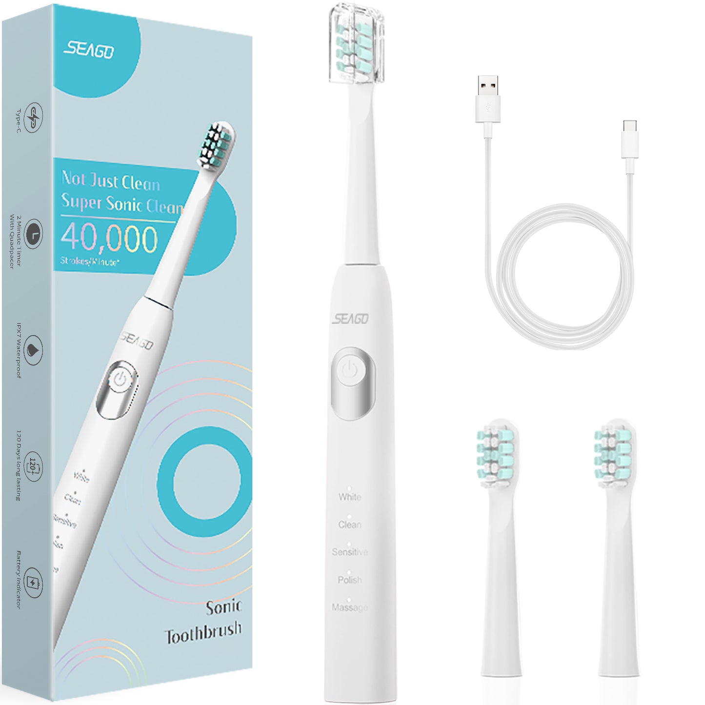 Periuta Dinti Electrica Sonica, Zoopie®Seago, 40,000 Pulsatii/min, 5 Programe, Functie de memorare, Smart Timer, 700mAh, USB-C, IPX7, 3 Capete, Alb