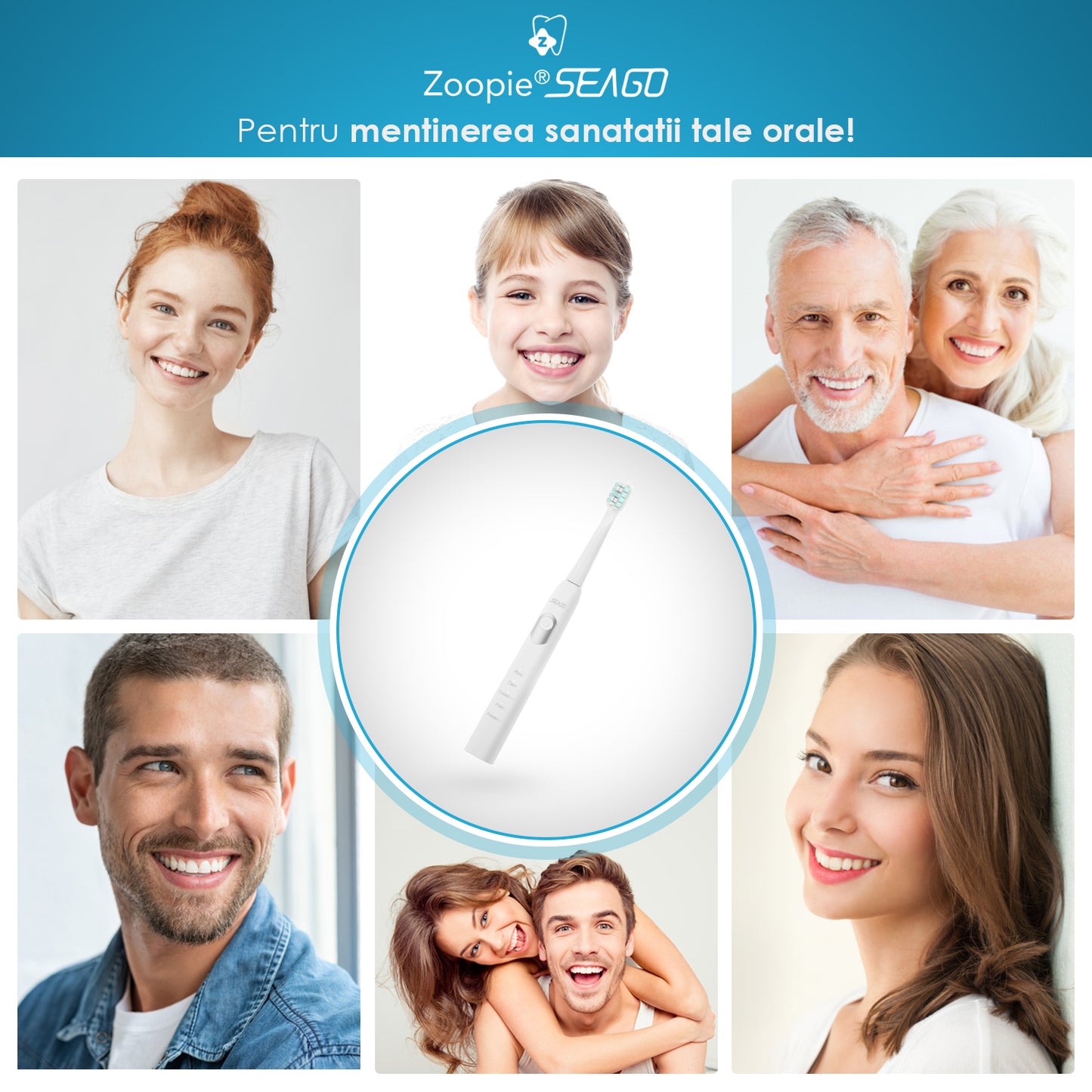 Periuta Dinti Electrica Sonica, Zoopie®Seago, 40,000 Pulsatii/min, 5 Programe, Functie de memorare, Smart Timer, 700mAh, USB-C, IPX7, 3 Capete, Alb