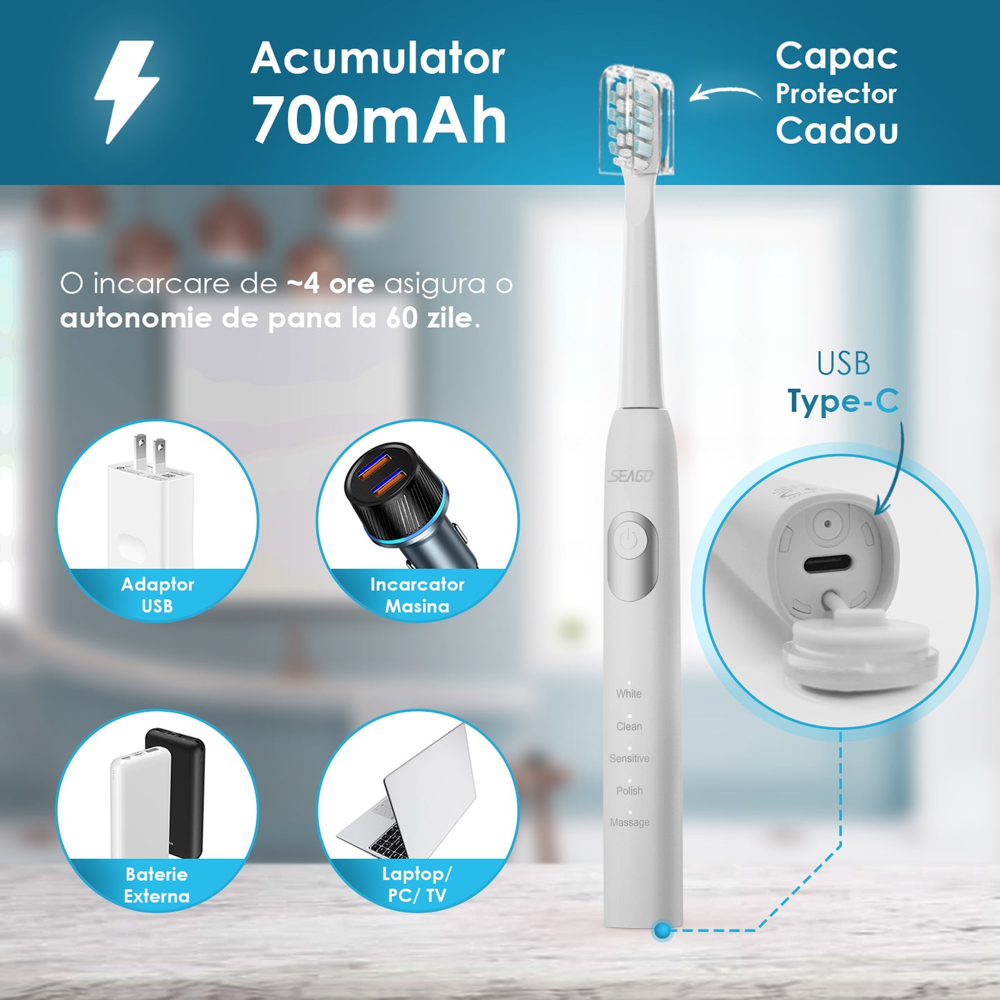 Periuta Dinti Electrica Sonica, Zoopie®Seago, 40,000 Pulsatii/min, 5 Programe, Functie de memorare, Smart Timer, 700mAh, USB-C, IPX7, 3 Capete, Alb