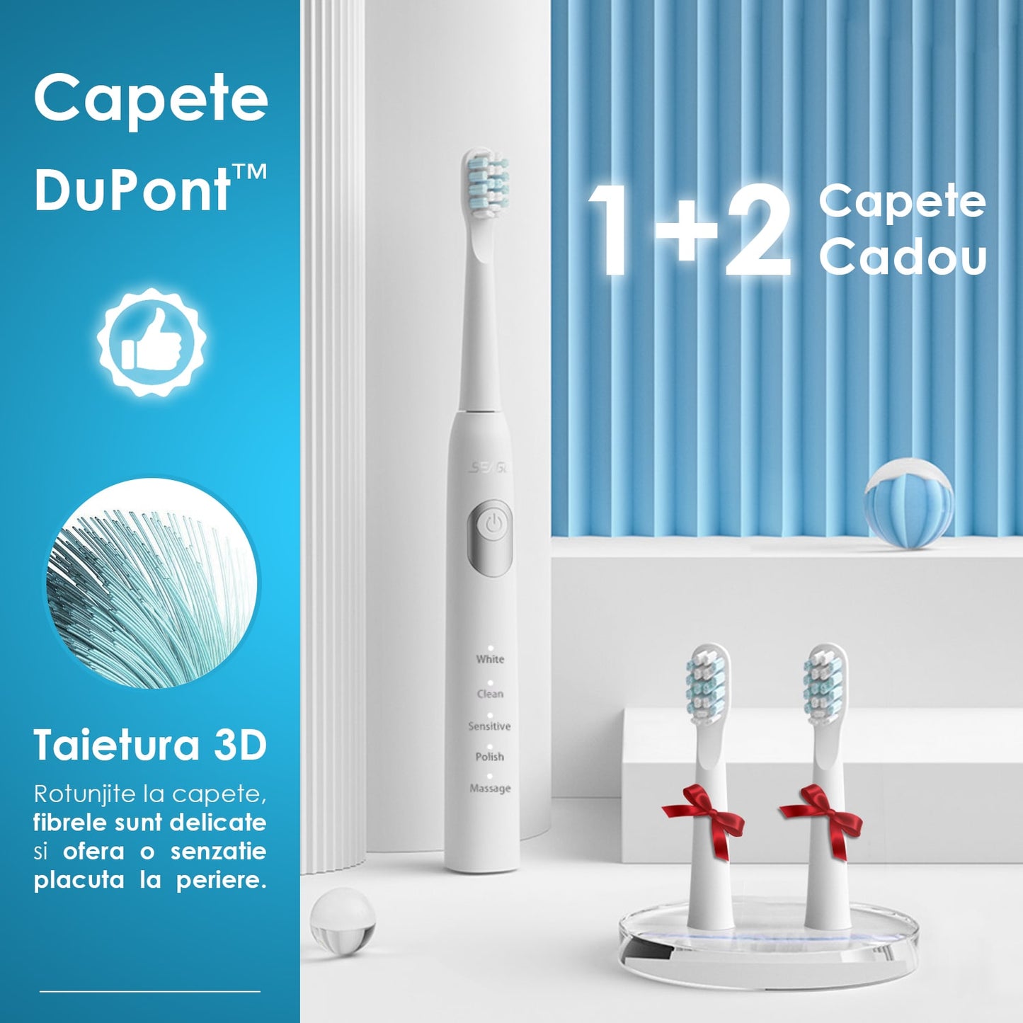 Periuta Dinti Electrica Sonica, Zoopie®Seago, 40,000 Pulsatii/min, 5 Programe, Functie de memorare, Smart Timer, 700mAh, USB-C, IPX7, 3 Capete, Alb