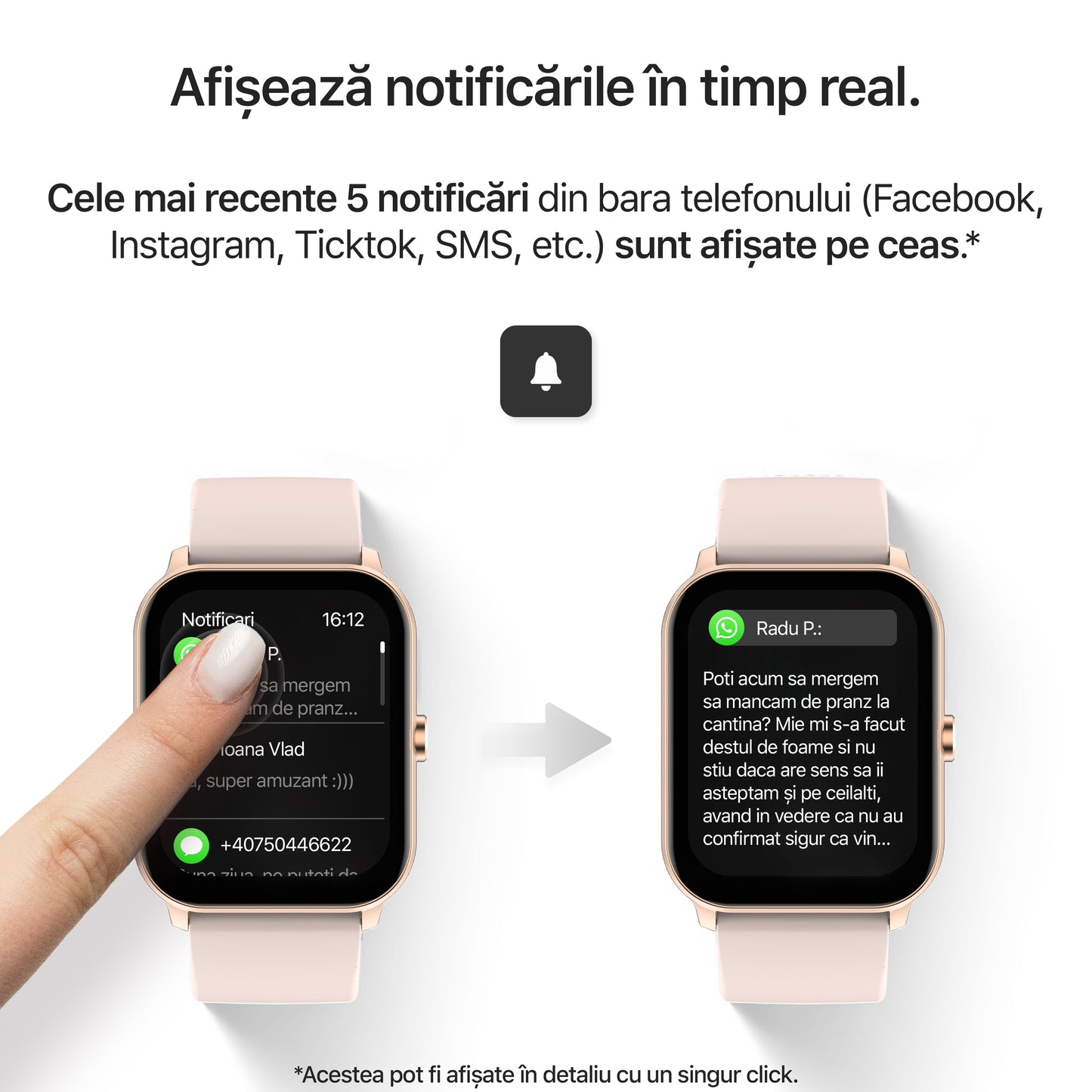 smartwatch notificari zoopie smartcall roz