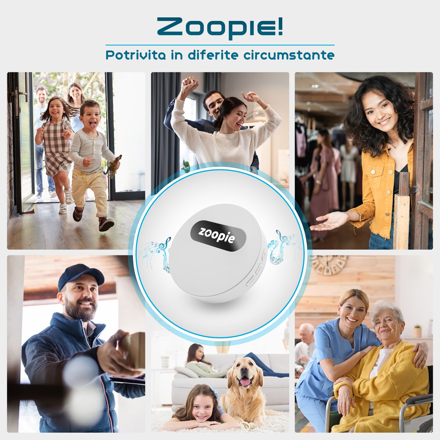 Sonerie Fara Fir/ Wireless, Zoopie®, Fara Baterie, Cinetica, Distanta 240m, Rezistenta la apa, Exterior, Digitala, Electrica, Pentru usa/ poarta, 58 Melodii, 2 Receptoare, Alb Mat