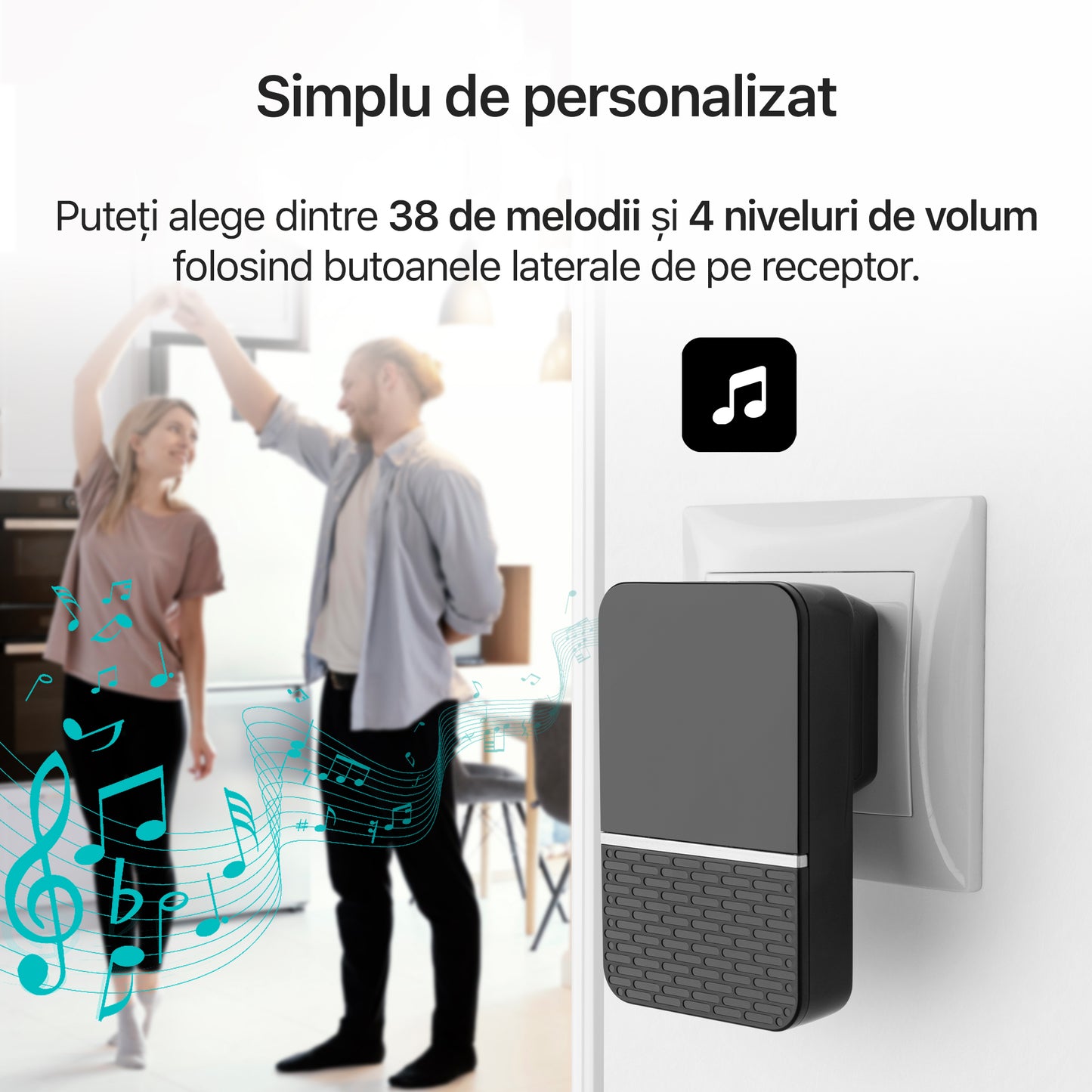 Sonerie fara fir/ wireless, Zoopie®RING, pentru usa/ poarta, exterior, digitala, electrica, cu baterii, rezistenta la apa, IP44, distanta 260m, kit montaj perete, 1 receptor, negru