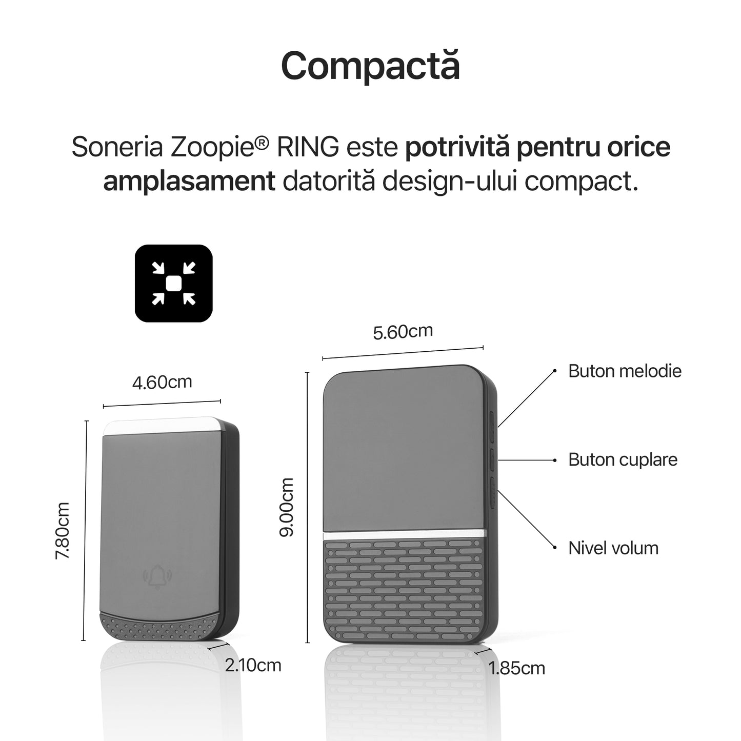 Sonerie fara fir/ wireless, Zoopie®RING, pentru usa/ poarta, exterior, digitala, electrica, cu baterii, rezistenta la apa, IP44, distanta 260m, kit montaj perete, 1 receptor, negru