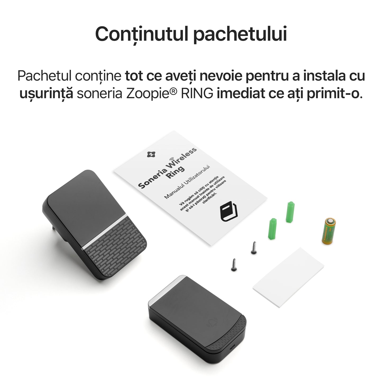 Sonerie fara fir/ wireless, Zoopie®RING, pentru usa/ poarta, exterior, digitala, electrica, cu baterii, rezistenta la apa, IP44, distanta 260m, kit montaj perete, 1 receptor, negru
