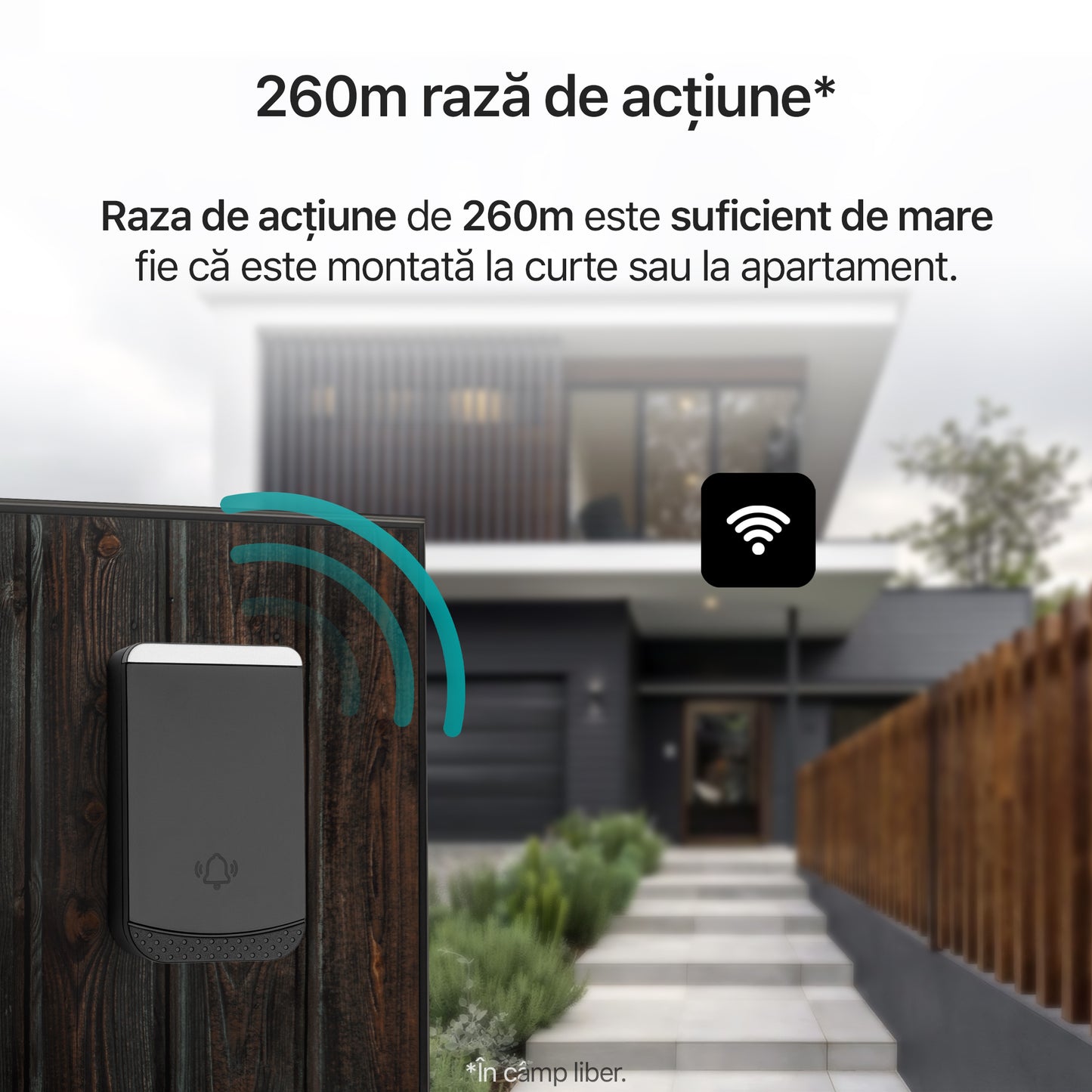 Sonerie fara fir/ wireless, Zoopie®RING, pentru usa/ poarta, exterior, digitala, electrica, cu baterii, rezistenta la apa, IP44, distanta 260m, kit montaj perete, 1 receptor, negru