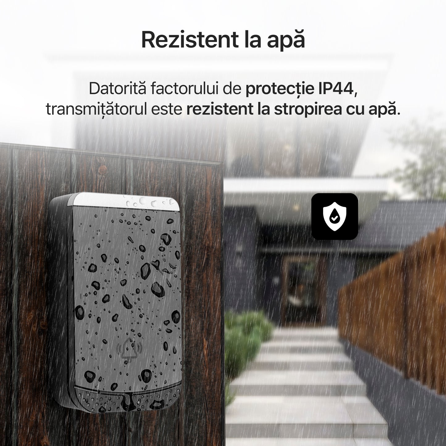 Sonerie fara fir/ wireless, Zoopie®RING, pentru usa/ poarta, exterior, digitala, electrica, cu baterii, rezistenta la apa, IP44, distanta 260m, kit montaj perete, 1 receptor, negru
