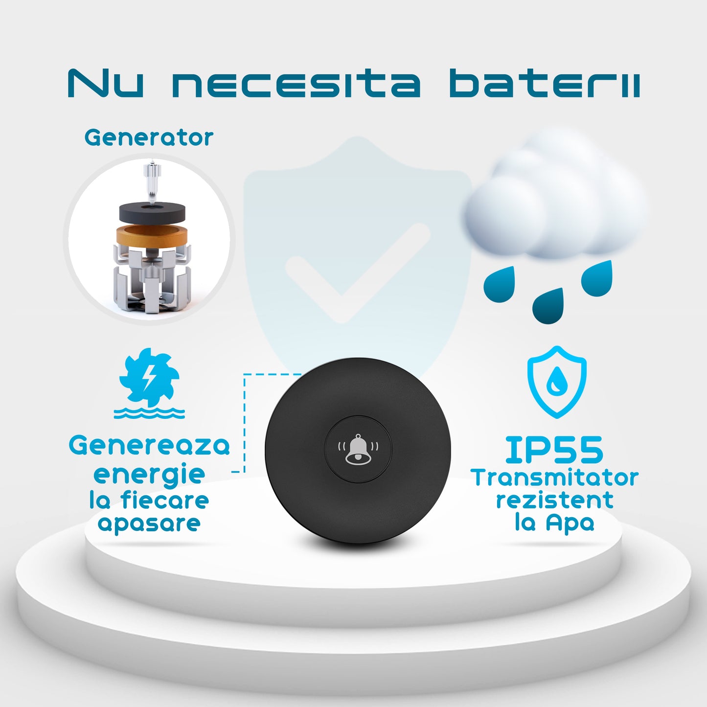 Sonerie Fara Fir/ Wireless, Zoopie®, Fara Baterie, Cinetica, Distanta 240m, Rezistenta la apa, Exterior, Digitala, Electrica, Pentru usa/ poarta, 58 Melodii, Negru Mat