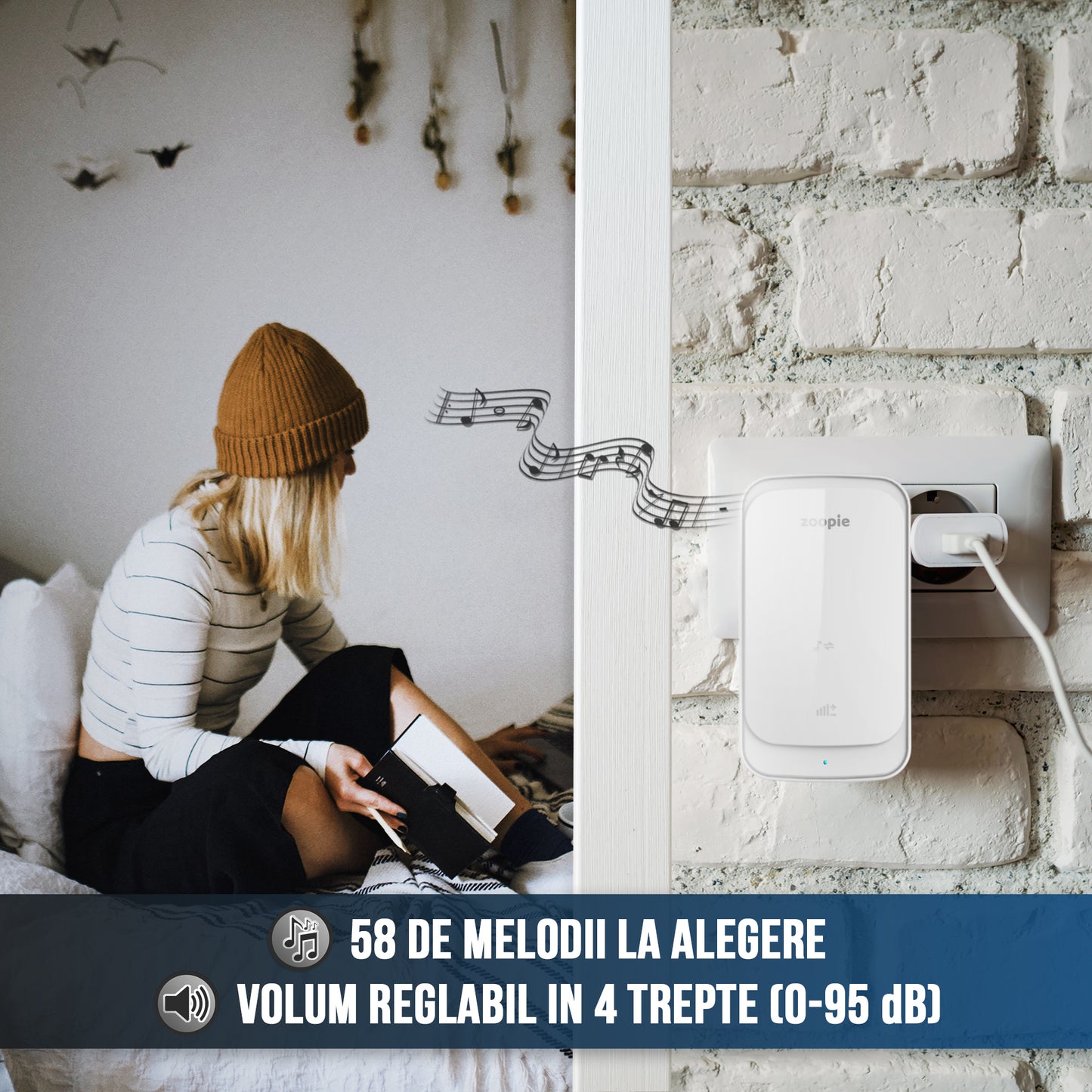Sonerie Fara Fir/ Wireless, Zoopie®, Distanta 280m, 58 Melodii, Alimentare Priza Home, 1 Receptor, Alb