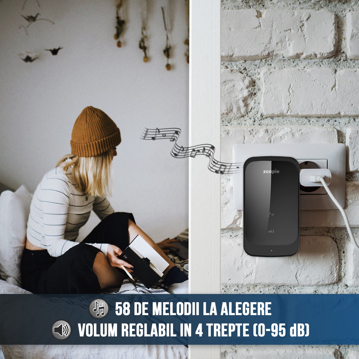 Sonerie Fara Fir/ Wireless, Zoopie®, Distanta 280m, 58 Melodii, Alimentare Priza Home, 2 Receptoare, Negru