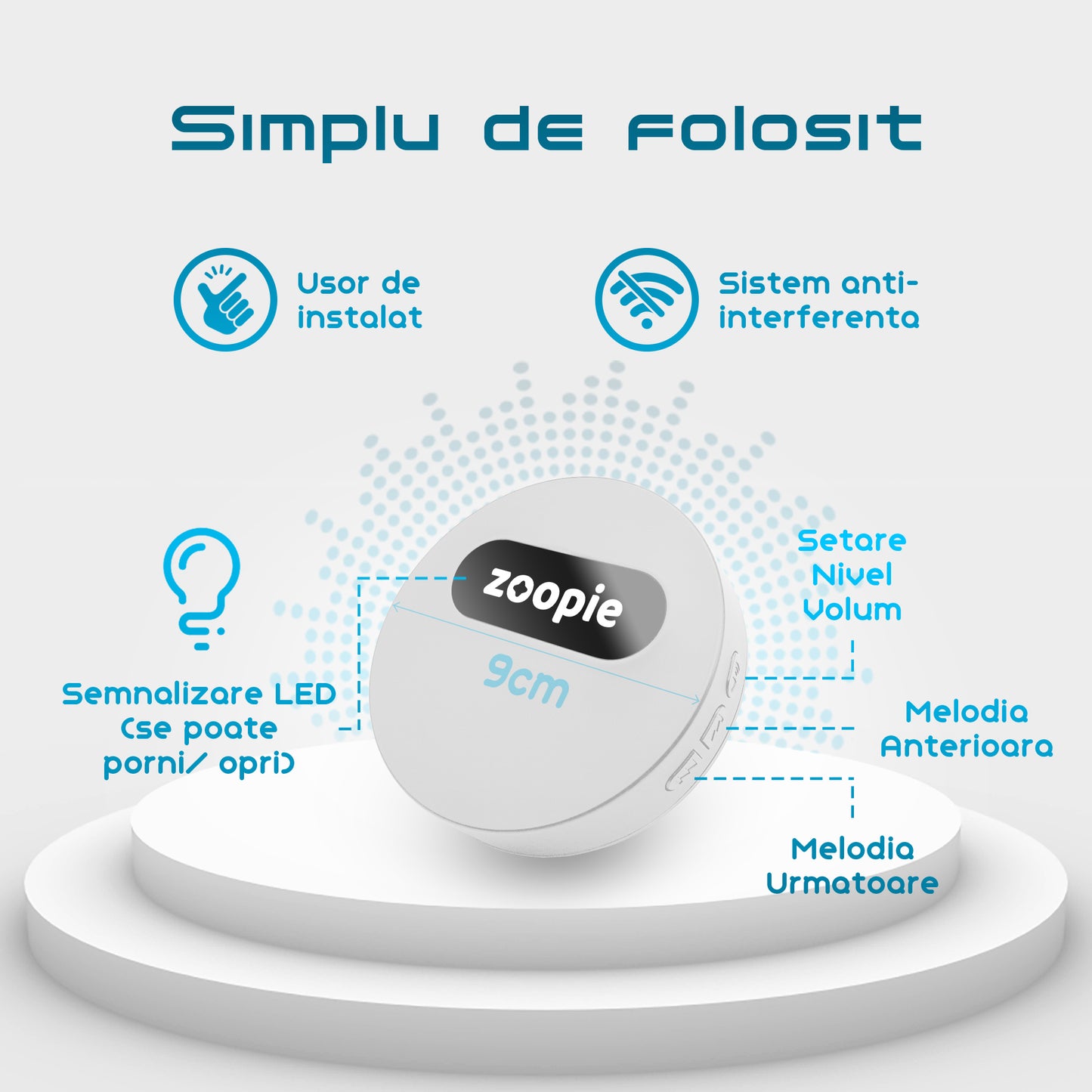 Sonerie Fara Fir/ Wireless, Zoopie®, Fara Baterie, Cinetica, Distanta 240m, Rezistenta la apa, Exterior, Digitala, Electrica, Pentru usa/ poarta, 58 Melodii, 2 Receptoare, Alb Mat