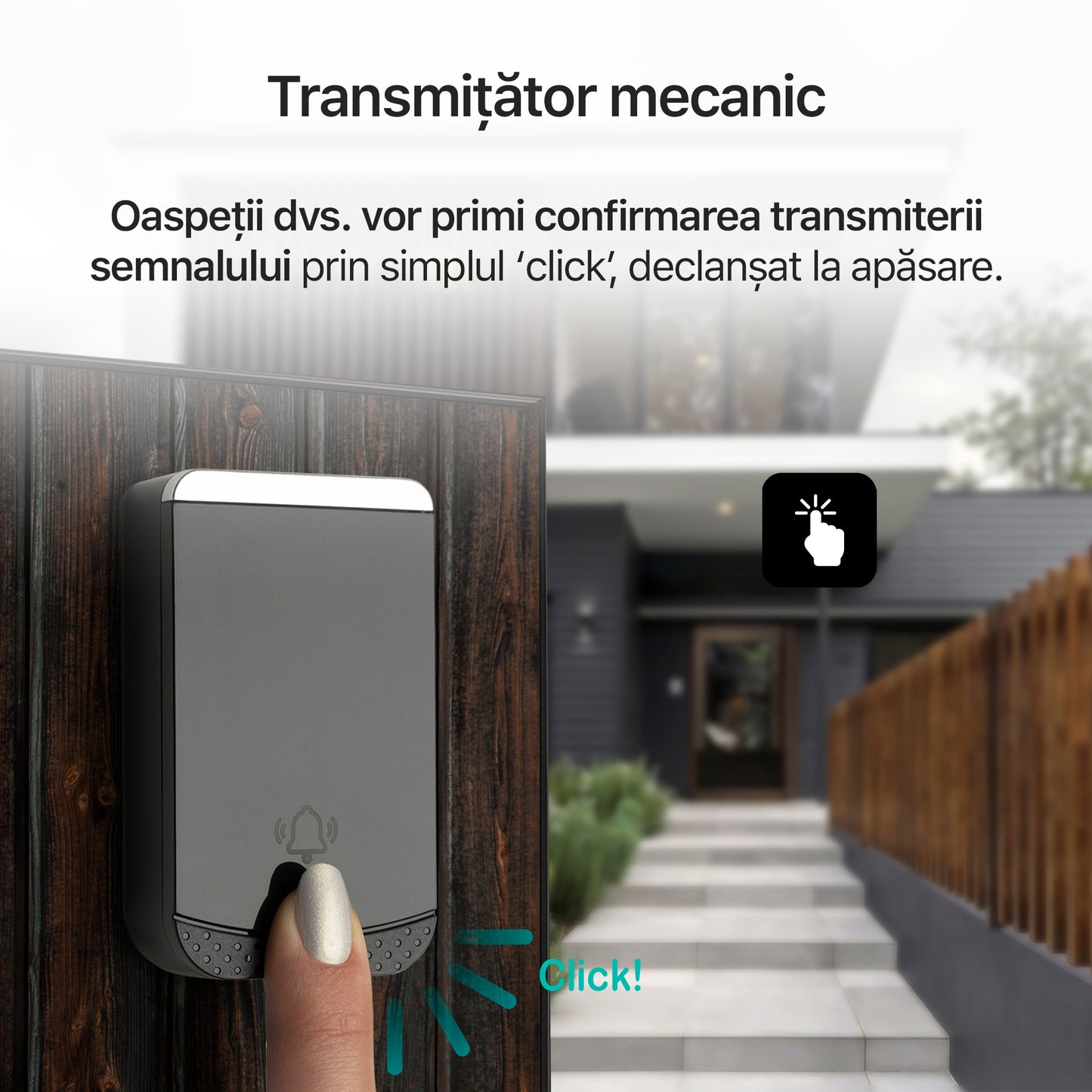 Sonerie fara fir/ wireless, Zoopie®RING, pentru usa/ poarta, exterior, digitala, electrica, cu baterii, rezistenta la apa, IP44, distanta 260m, kit montaj perete, 1 receptor, negru