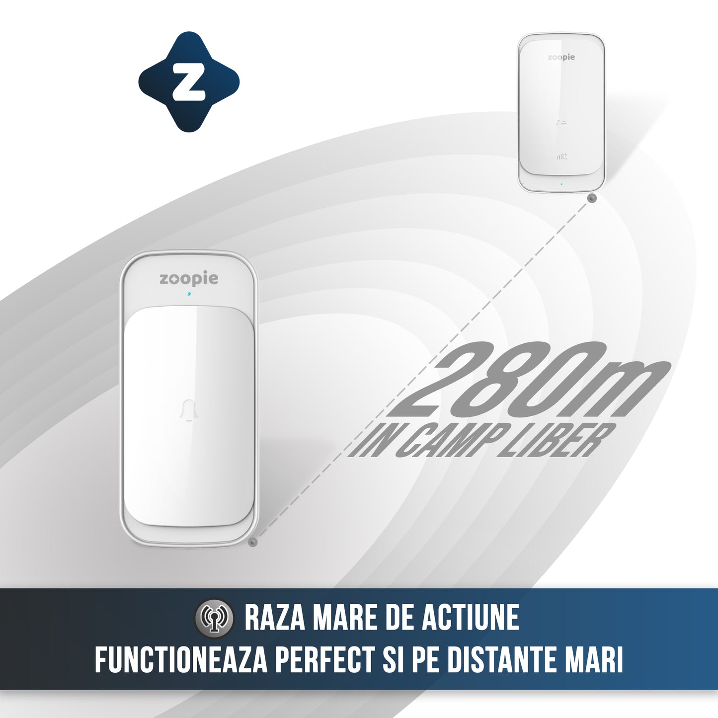 Sonerie Fara Fir/ Wireless, Zoopie®, Distanta 280m, 58 Melodii, Alimentare Priza Home, 1 Receptor, Alb