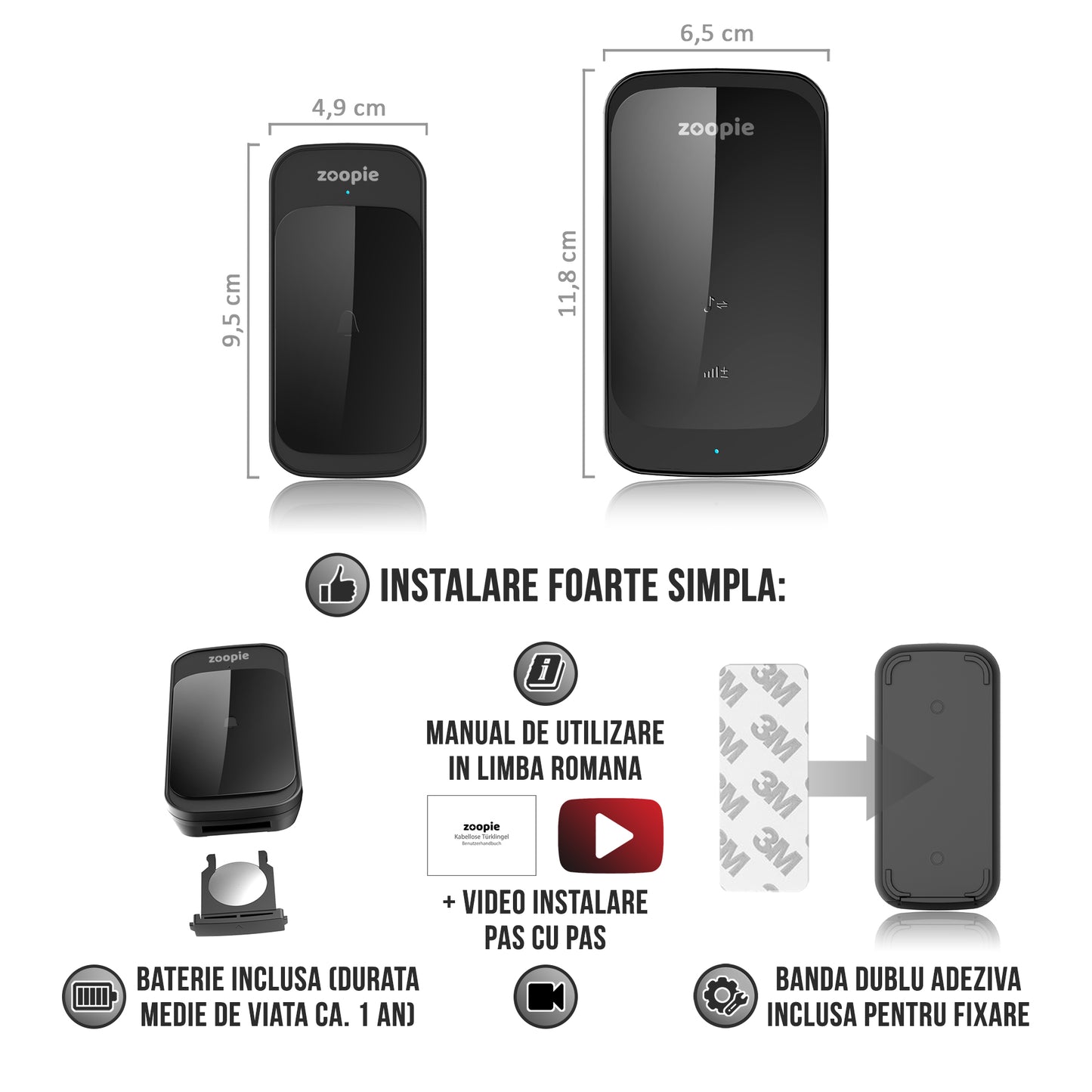 Sonerie Fara Fir/ Wireless, Zoopie®, Distanta 280m, 58 Melodii, Alimentare Priza Home, 2 Receptoare, Negru