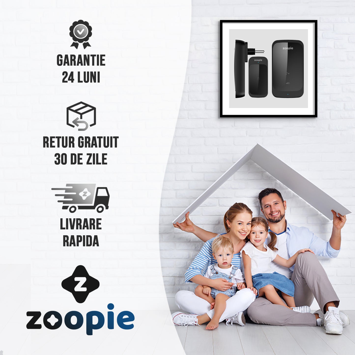 Sonerie Fara Fir/ Wireless, Zoopie®, Distanta 280m, 58 Melodii, Alimentare Priza Home, 2 Receptoare, Negru