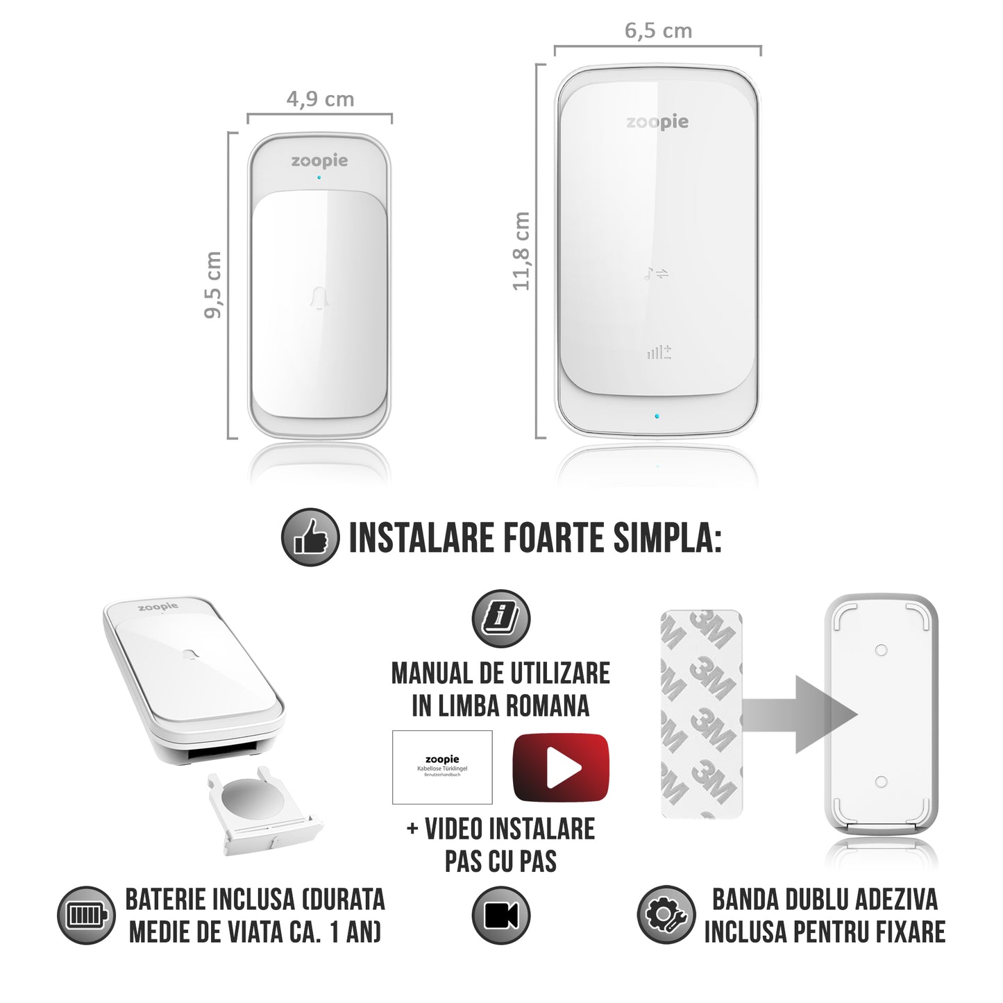 Sonerie Fara Fir/ Wireless, Zoopie®, Distanta 280m, 58 Melodii, Alimentare Priza Home, 1 Receptor, Alb