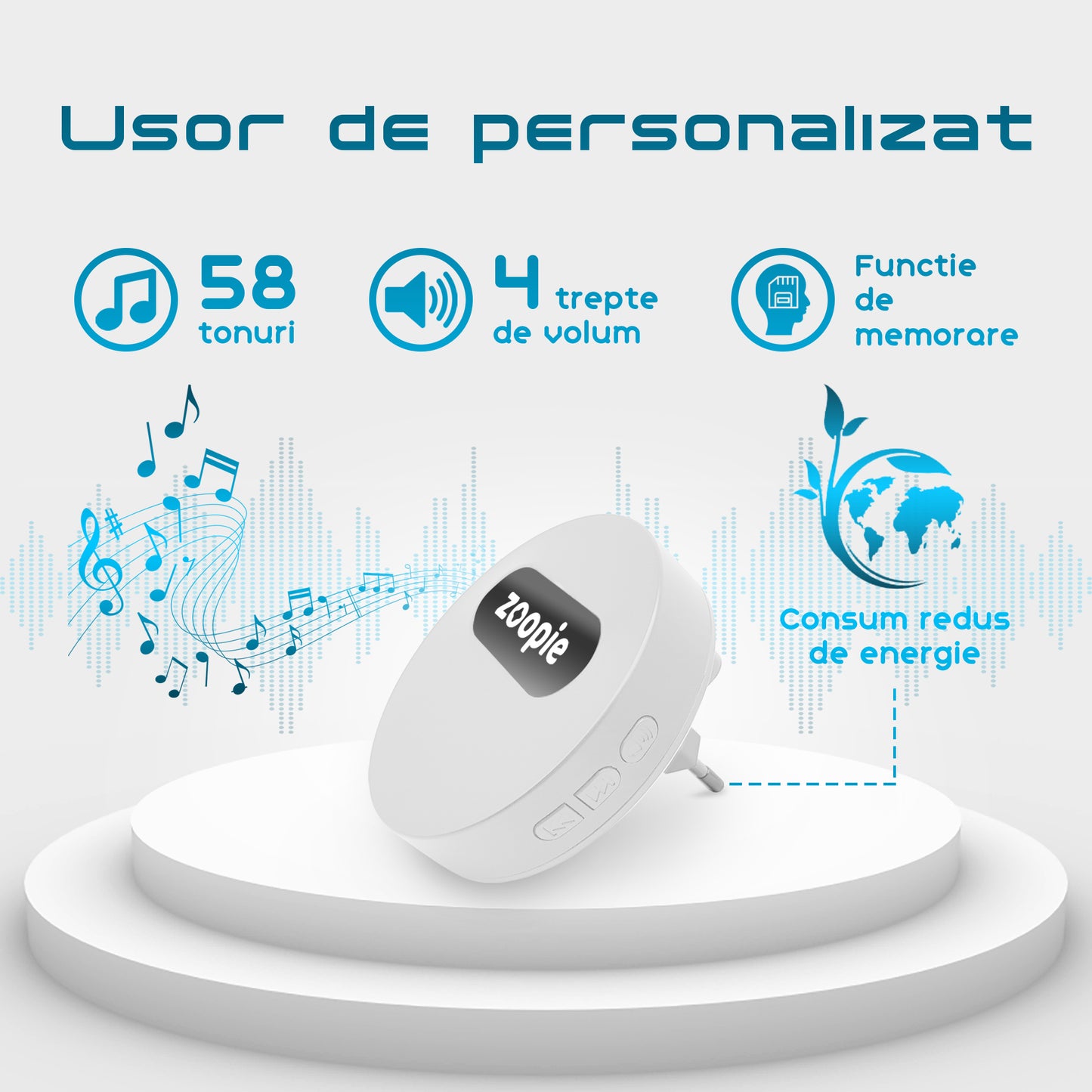 Sonerie Fara Fir/ Wireless, Zoopie®, Fara Baterie, Cinetica, Distanta 240m, Rezistenta la apa, Exterior, Digitala, Electrica, Pentru usa/ poarta, 58 Melodii, 2 Receptoare, Alb Mat