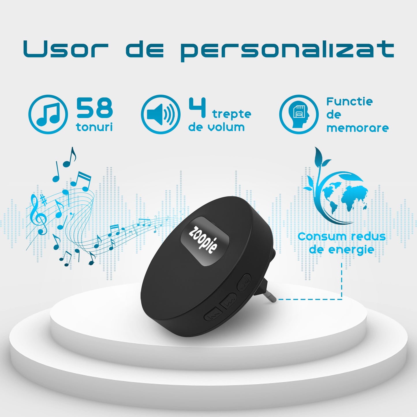 Sonerie Fara Fir/ Wireless, Zoopie®, Fara Baterie, Cinetica, Distanta 240m, Rezistenta la apa, Exterior, Digitala, Electrica, Pentru usa/ poarta, 58 Melodii, Negru Mat