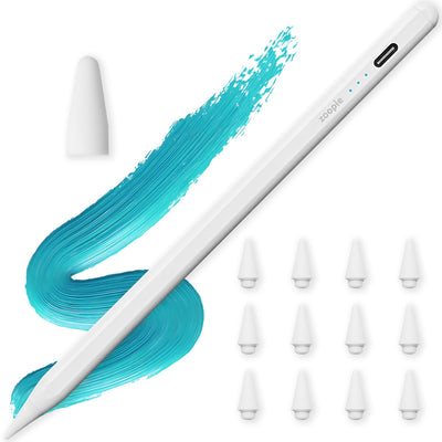 Stylus iPad Pen, Zoopie®, Pix pentru tableta iPad Apple 2018-2026, Profesional, Penite anti-zgarieturi, functie Palm Rejection, Tilt, Lag-Free, Magnetic, USB-C, Alb