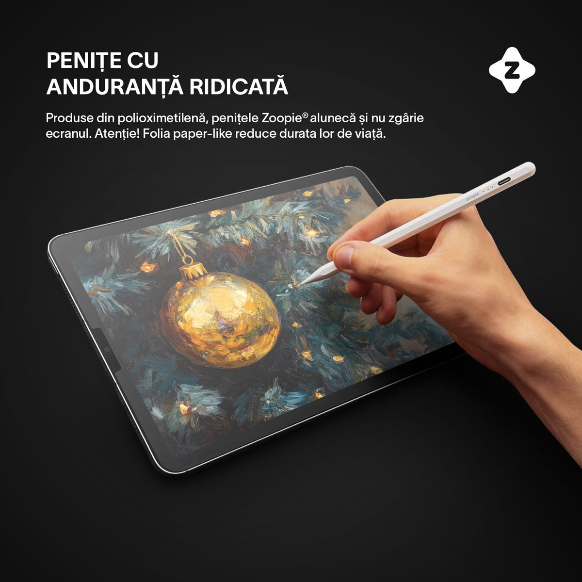 Stylus iPad Pen, Zoopie®, Pix pentru tableta iPad Apple 2018-2026, Profesional, Penite anti-zgarieturi, functie Palm Rejection, Tilt, Lag-Free, Magnetic, USB-C, Alb