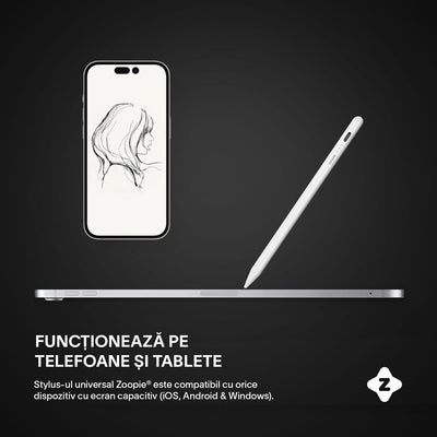 Stylus Pen Universal, Zoopie®, pentru tableta iPad 2010-2017, Android, Windows, Telefon, Varf Cupru, Magnetic, USB-C, Alb