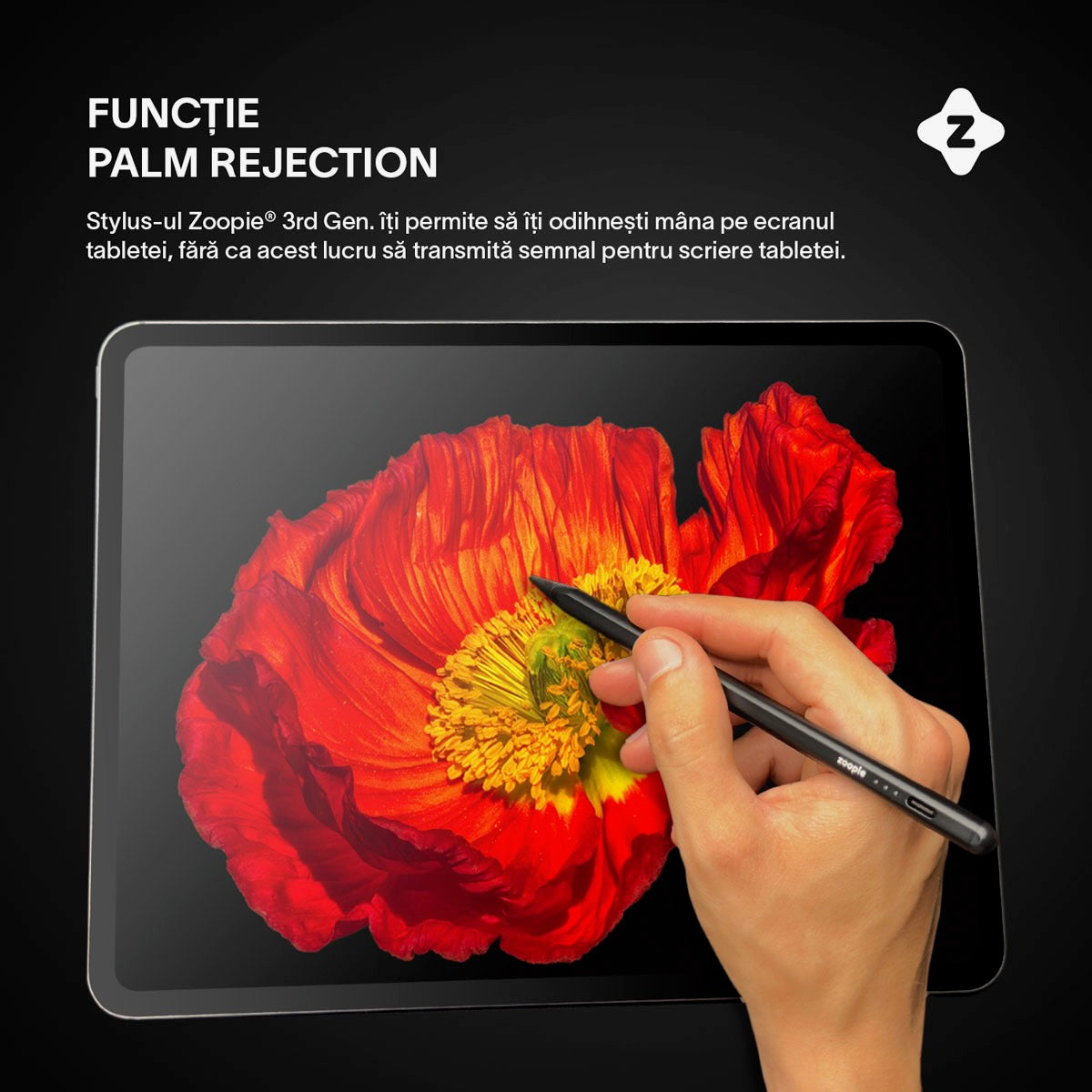 Stylus iPad Pen, Zoopie®, Pix pentru tableta iPad Apple 2018-2026, Profesional, Penite anti-zgarieturi, functie Palm Rejection, Tilt, Lag-Free, Magnetic, USB-C, Negru
