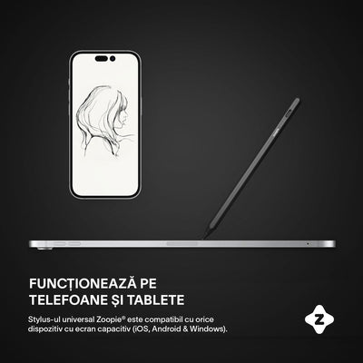 Stylus Pen Universal, Zoopie®, pentru Telefon, tableta iPad 2010-2017, Android, Windows, Varf Cupru, Magnetic, USB-C, Negru