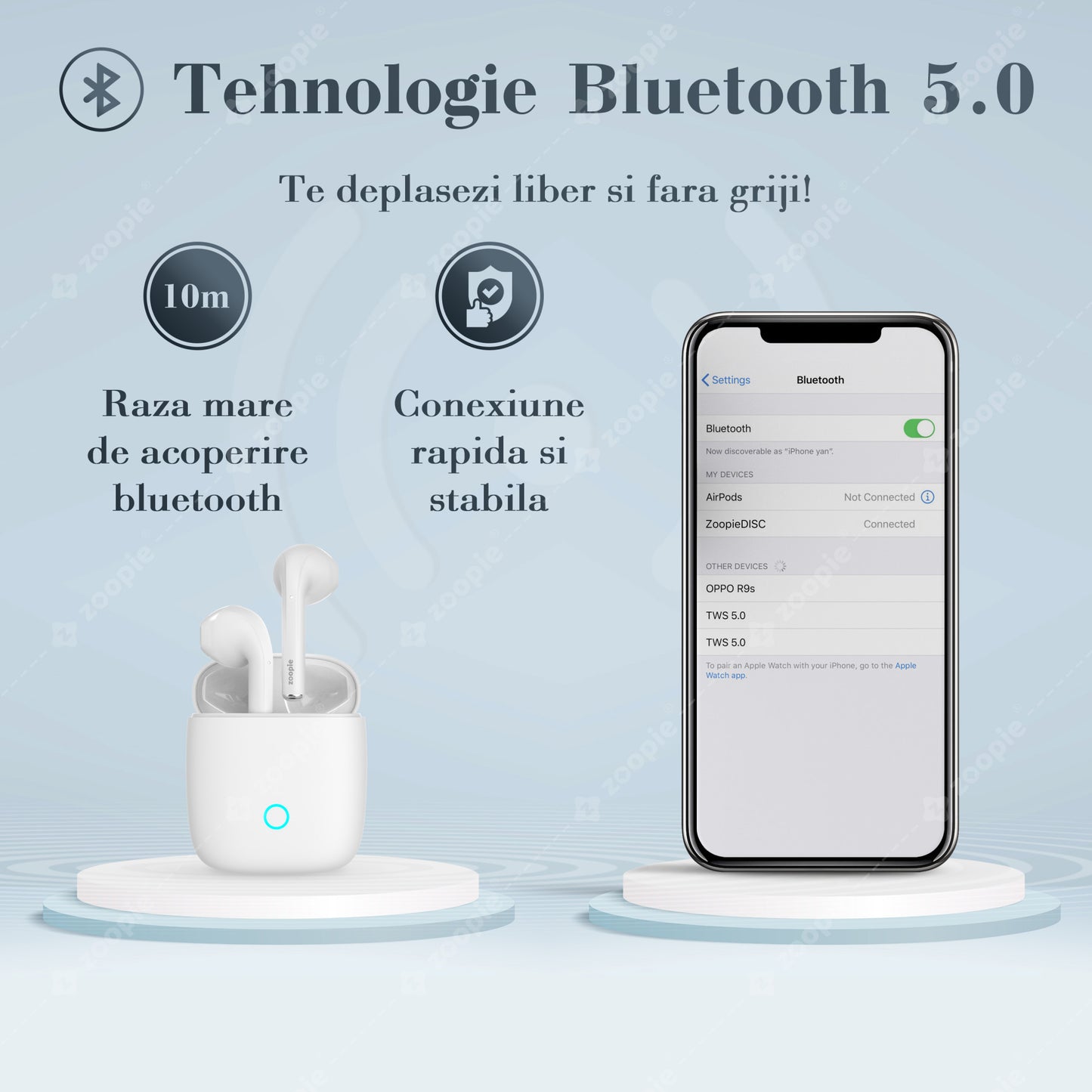 Casti Wireless Bluetooth, Zoopie®DISC, Fara fir, Casti audio in ear, True wireless, Cu microfon, Earbuds cu control touch, Bluetooth 5.1, LED RGB, Alb mat