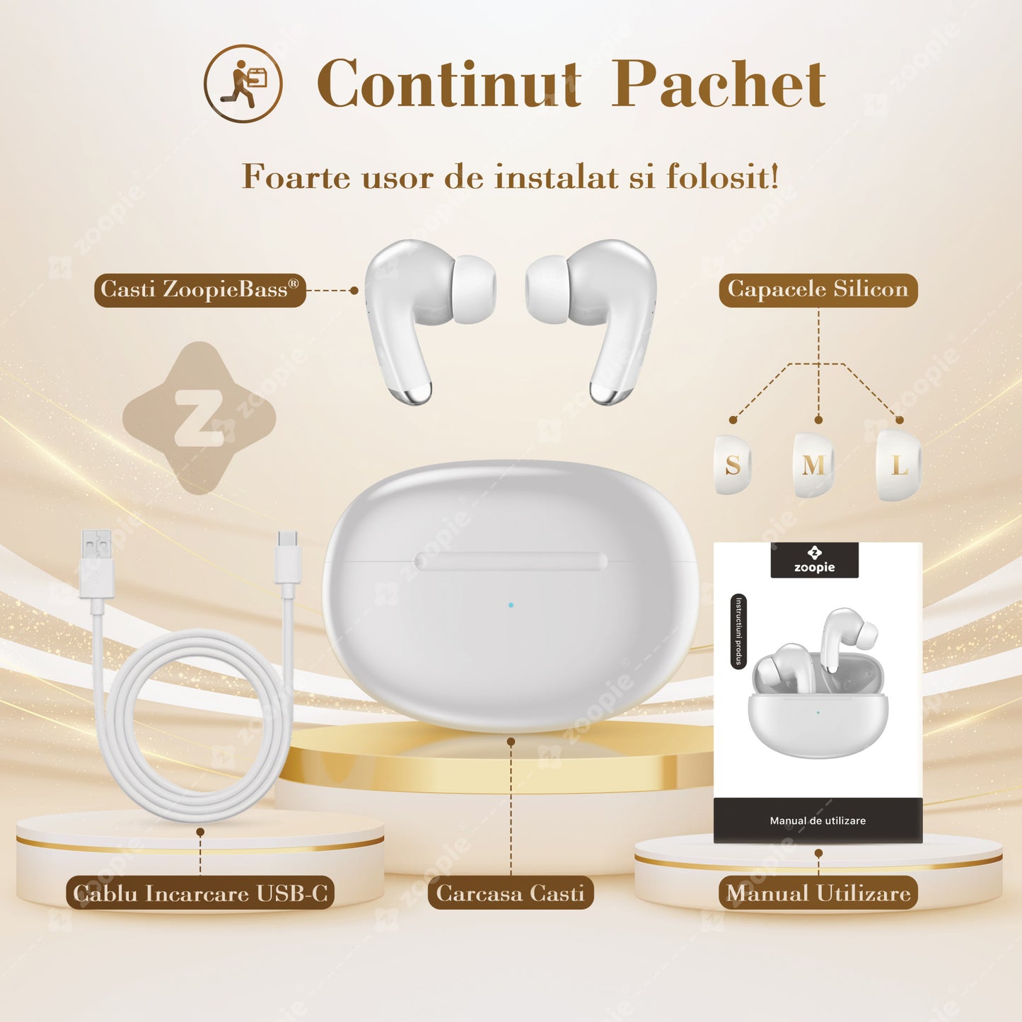 Casti Wireless Bluetooth, Zoopie®BASS alb continut pachet