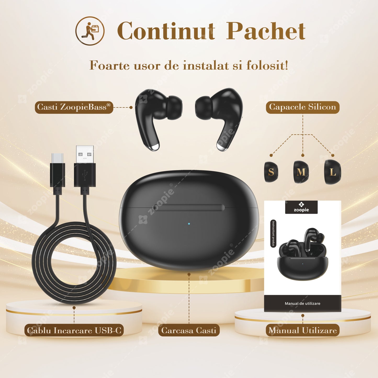 Casti Wireless Bluetooth, Zoopie®BASS negru continut pachet