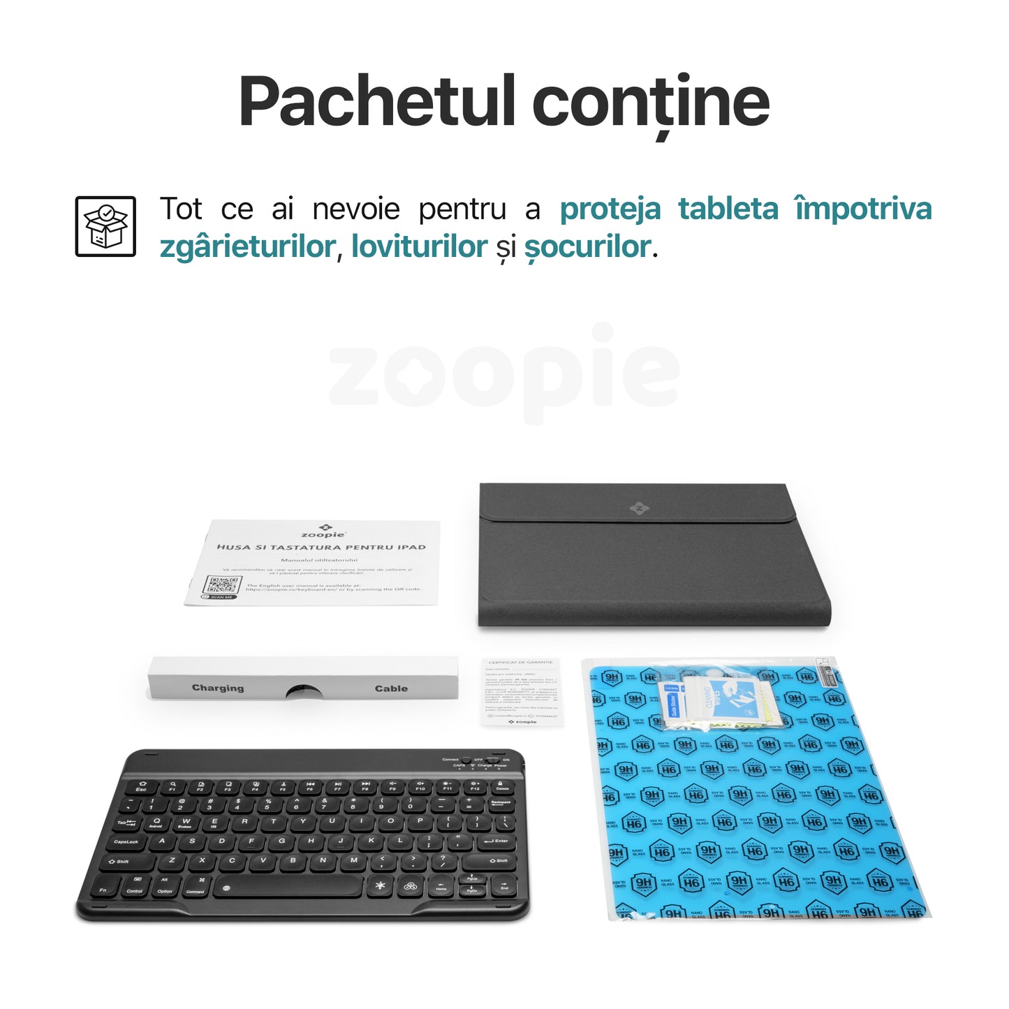 continut pachet tastatura tableta cu husa iPad Apple Zoopie