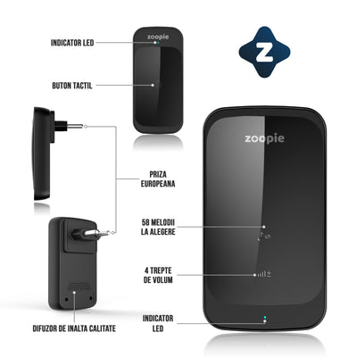 Sonerie Fara Fir/ Wireless, Zoopie®, Distanta 280m, 58 Melodii, Alimentare Priza Home, 1 Receptor, Negru