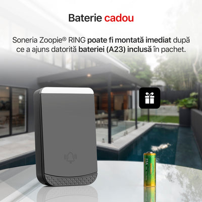 Sonerie fara fir/ wireless, Zoopie®RING, pentru usa/ poarta, exterior, digitala, electrica, cu baterii, rezistenta la apa, IP44, distanta 260m, kit montaj perete, 1 receptor, negru