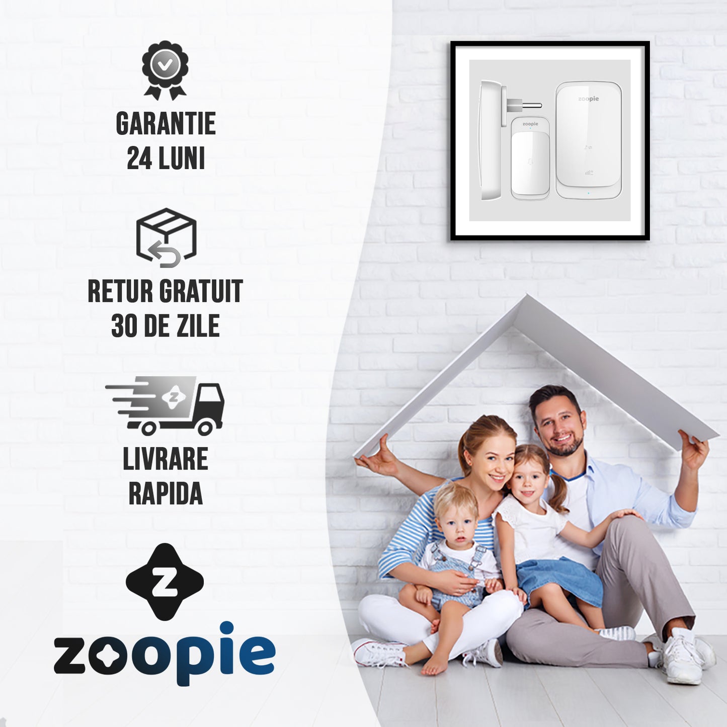 Sonerie Fara Fir/ Wireless, Zoopie®, Distanta 280m, 58 Melodii, Alimentare Priza Home, 2 Receptoare, Alb